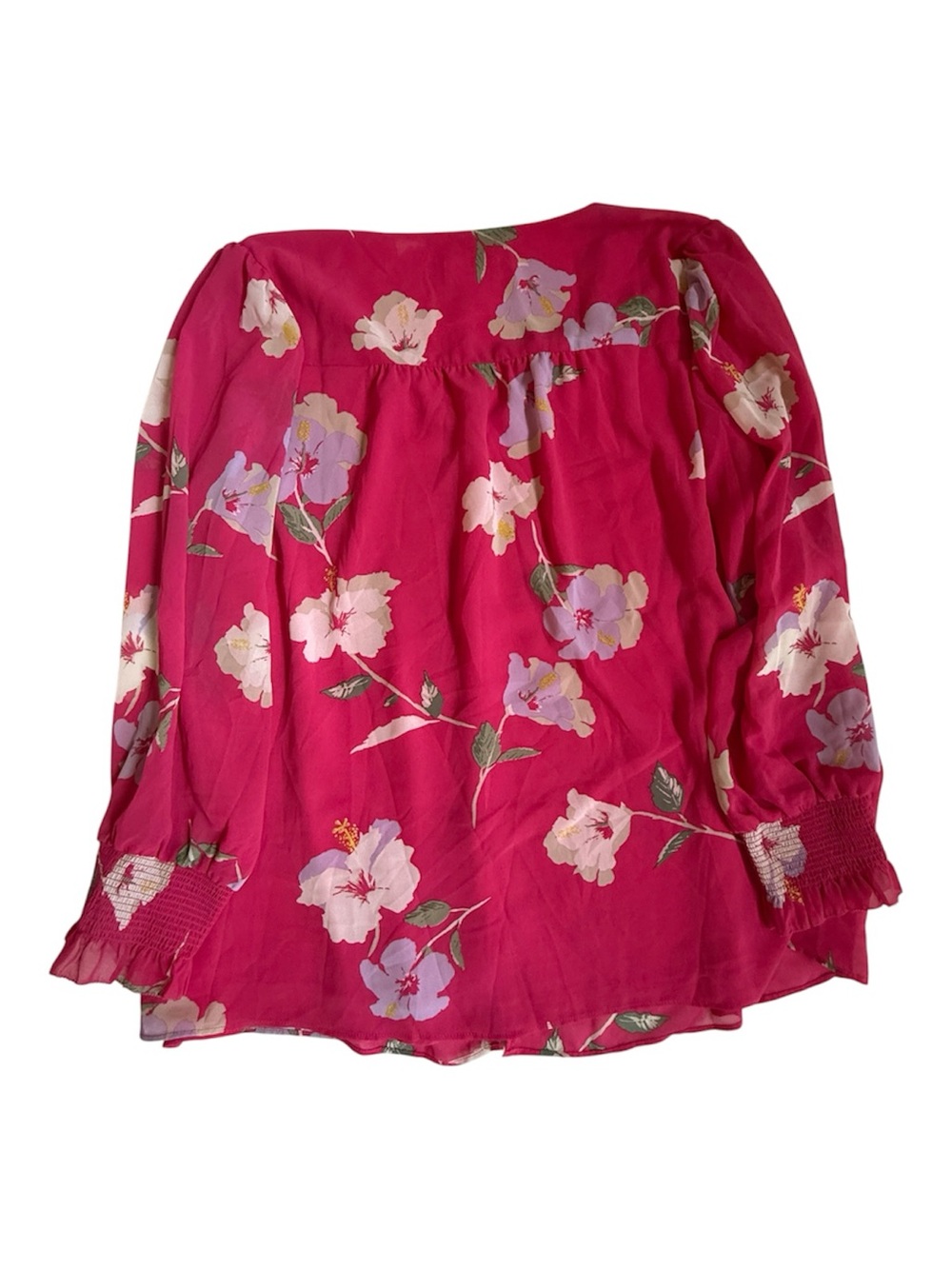 Belle Kim Gravel Fuchsia Floral Smocked Cuff V-Neck Blouse Plus Size 1X Tropical - Picture 3 of 8